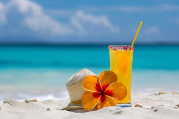 Tropical Beach Paradise With Refreshing Cocktail and Straw Hat in Sunny Afternoon
