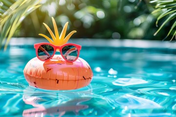 Bright Orange Inflatable With Sunglasses Floating in a Pool