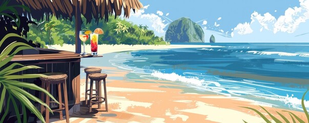 A beach scene with a bar and a drink on a table. Scene is relaxed and laid back