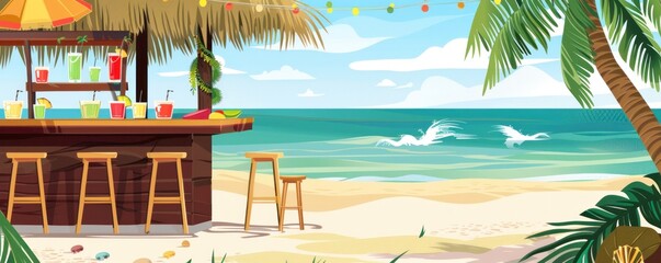 A beach scene with a bar and a drink on a table. Scene is relaxed and laid back