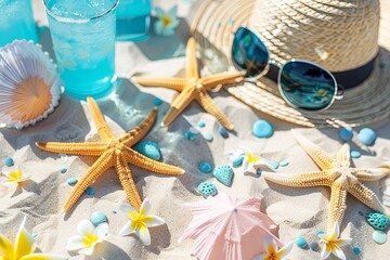 Colorful Summer Beach Setting With Starfish and Refreshing Drinks on a Sunny Day