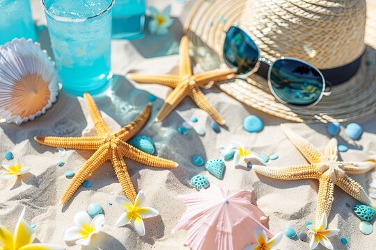 Colorful Summer Beach Setting With Starfish and Refreshing Drinks on a Sunny Day - Powered by Adobe