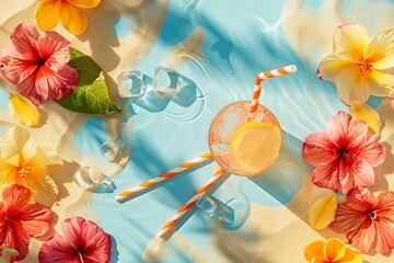 Colorful Tropical Summer Beverage With Ice and Flowers on Sunny Beach Afternoon