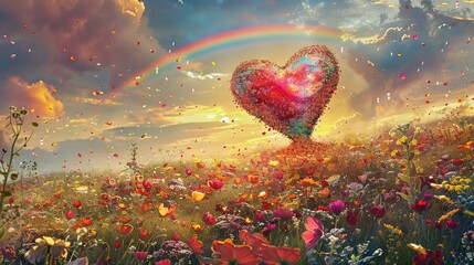 Heart shaped flower meadow with a rainbow for romantic or wedding design