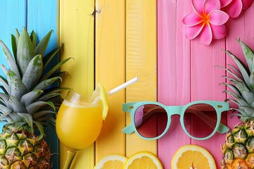 Colorful Tropical Summer Beverage With Ice and Flowers on Sunny Beach Afternoon