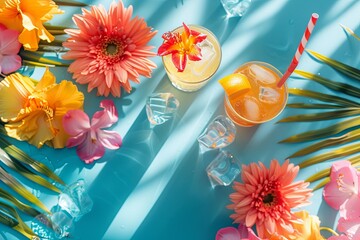 Colorful Tropical Summer Beverage With Ice and Flowers on Sunny Beach Afternoon
