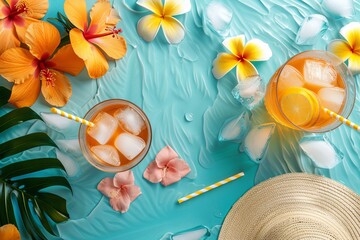 Colorful Tropical Summer Beverage With Ice and Flowers on Sunny Beach Afternoon
