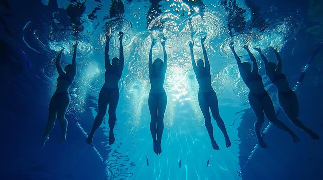 A synchronized swimming team executing a complex routine in unison