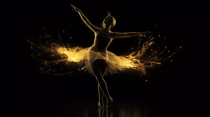 A graceful ballerina is dancing in the dark, the silhouette illuminated by yellow light. In front there are some lights and lasers, her delicate movements highlighted by vibrant beams, delicate tutu f