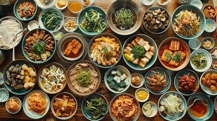 A vibrant spread of assorted banchan dishes on a traditional Korean table