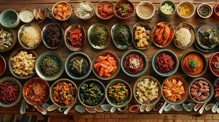Fototapeta premium A vibrant spread of assorted banchan dishes on a traditional Korean table