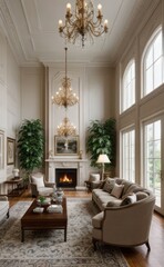 Naklejka premium Elegant professional photograph of a white and gold luxury living room interior with a grand chandelier and lush greenery