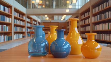 A group of vases sitting on a table in the library, AI