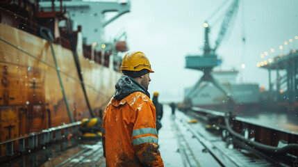 A dock worker in an orange raincoat and helmet standing on a wet dock beside a large ship in a rainy port.