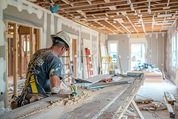 Fototapeta premium A construction worker wearing safety gear and working on a table in an indoor renovation site with tools and materials.
