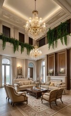 Fototapeta premium Elegant professional photograph of a white and gold luxury living room interior with a grand chandelier and lush greenery