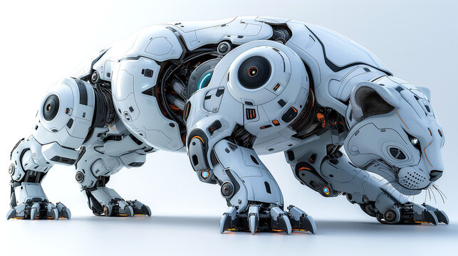 A fierce-looking robotic white bobcat with futuristic design and sleek body shape, depicting an advanced technology to assist with human protection	 - Powered by Adobe