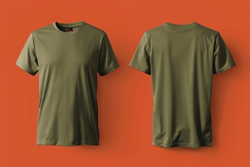 Solid khaki t-shirt mockup front view isolated on crisp orange background, crystal clear image presenting front, back, and side views