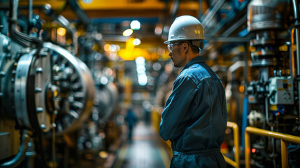 Engineer in a safety helmet and overalls, inspecting advanced machinery in a brightly lit industrial plant environment.