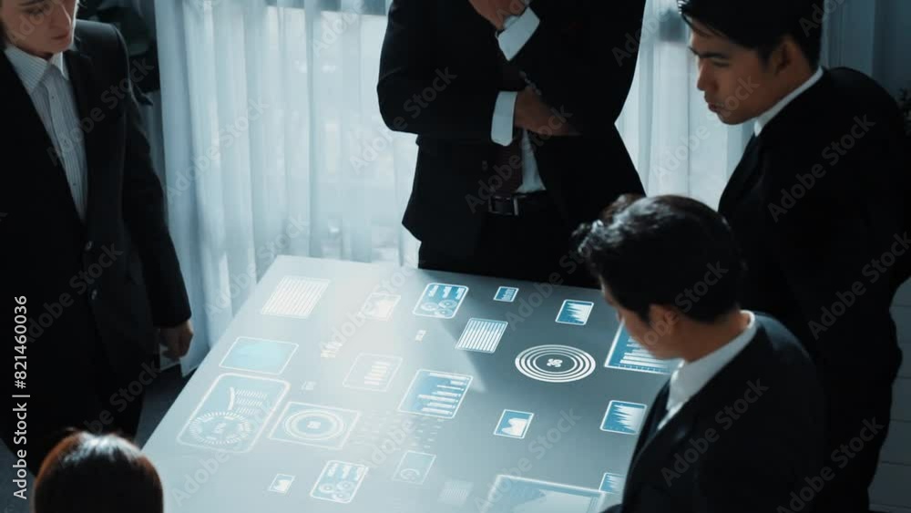 Poster top view of business people group discussing and brainstorming about marketing strategy with hologra