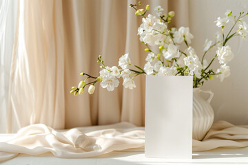 White flowers in a ceramic vase on a draped fabric with soft light, beige curtains in the background