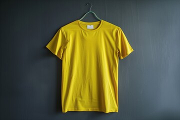 Yellow t-shirt mockup on a dark gray background, hanging straight, isolated in HD