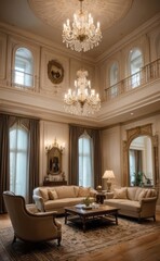 Elegant professional photograph of a white and gold luxury living room interior with a grand chandelier and lush greenery
