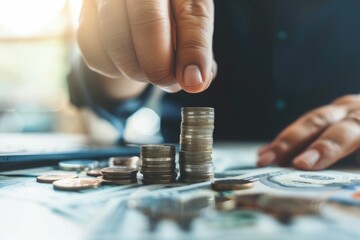 Obraz premium Businessman puts money on pile of coins. Ideas for investing and growing a business, maximizing profits from business, ideas for setting savings goals and setting goals for fixed deposits with banks.