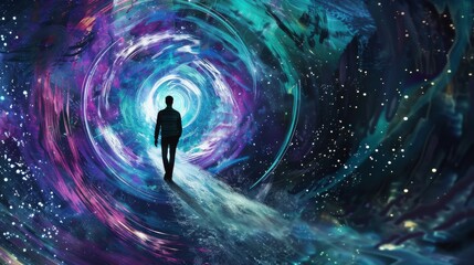 Man silhouette standing in a colorful cosmic circle for digital art and future themes