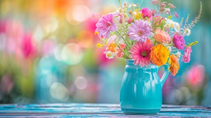 A blue vase filled with various colorful flowers sitting on a wooden table