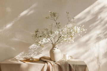 Minimalist white vase with delicate white flowers on a table with soft light and shadow play