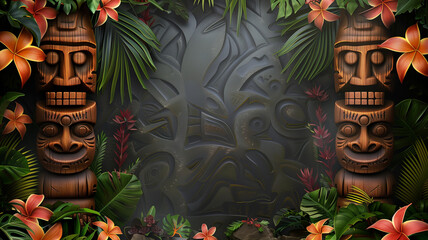 A tropical theme sign to accept a custom message or design element - rustic carved black surface that allows for custom type and graphics - a border of tropical leaves, flowers and wood masks, sign