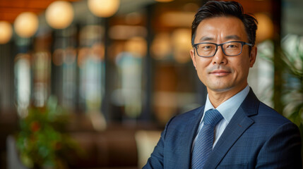 Fototapeta premium A confident businessman wearing a suit and glasses stands in a modern office with a professional and poised demeanor.