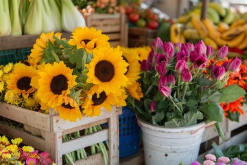 Bright Sunflowers and Purple Tulips at an Outdoor Farmers Market in Summer