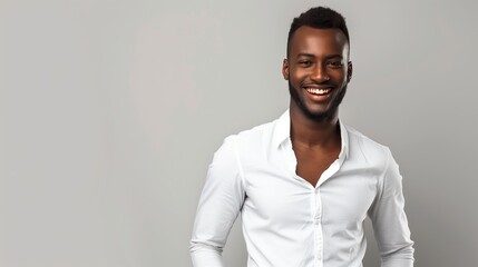 Obraz premium happy handsome african american man wearing summer shirt isolated on grey background