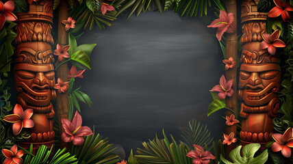 A colorful border of tropical leaves, flowers and wood masks; tiki-themed blank sign to accept a custom message or design element - a dark blackboard area Hawaiian motif  type and graphics frame