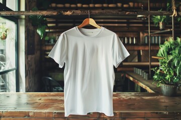 Blank white shirt mockup on a wooden hanger in a rustic setting