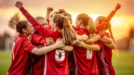 Fototapeta premium A group of girl soccer players is celebrating victory on the football field.