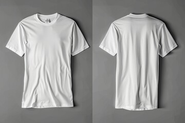 Blank white t-shirt mockup front view isolated on sleek grey background, realistic high-quality photo of front, back, and side views