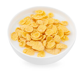 Breakfast cereal. Corn flakes and milk in bowl isolated on white