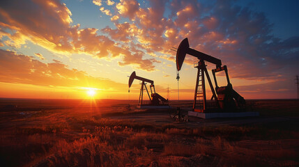 Naklejka premium Two oil pumpjacks operating in a rural landscape during sunrise, with a vibrant sky full of clouds in the background.