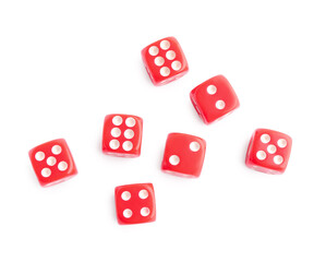 Many red game dices isolated on white, top view