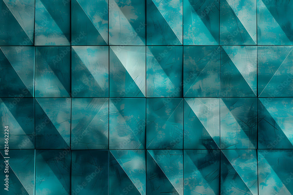 Poster polished tiles arranged to create a 3d wall. blue patina, textured background formed from hexagonal 