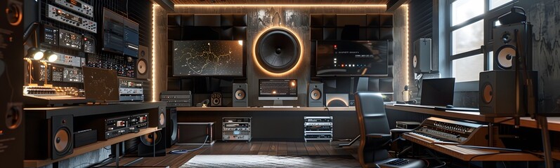 Fototapeta premium Home studio podcast interior. Microphone, laptop and on air lamp on the table, close-up