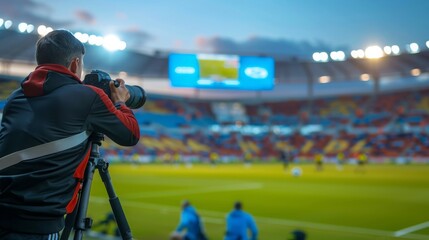 A man capturing a photo of a soccer field. Perfect for sports enthusiasts or photographers looking for dynamic shots.
