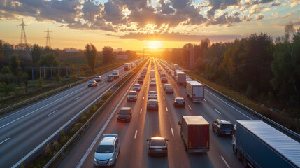 A busy highway filled with cars and trucks during sunset, with power lines visible along the roadside.