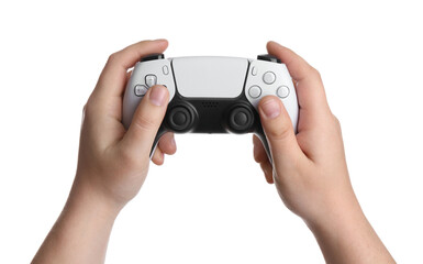 Woman using wireless game controller on white background, closeup