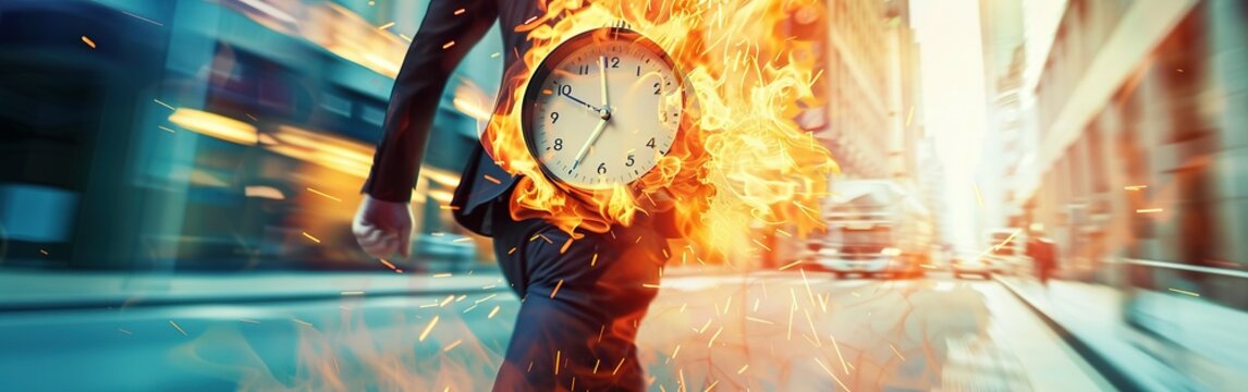 Clock on fire times burning end in fiery clock Running after time, alarm clock burning in fire, exploding rush hour