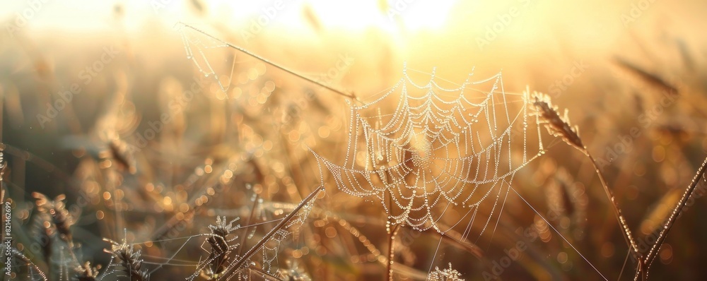 Wall mural a spider web is seen in a field of flowers. the web is very large and is spread across the entire fi