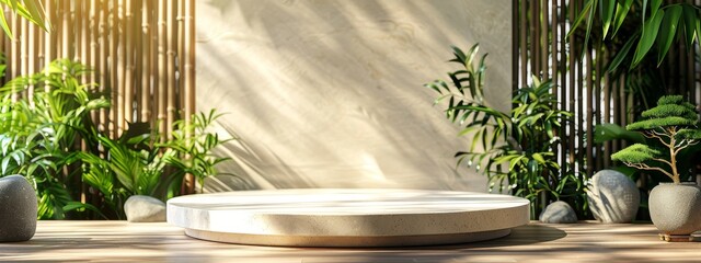Podium background display bamboo product 3D platform cosmetic plant beauty. Podium white background...